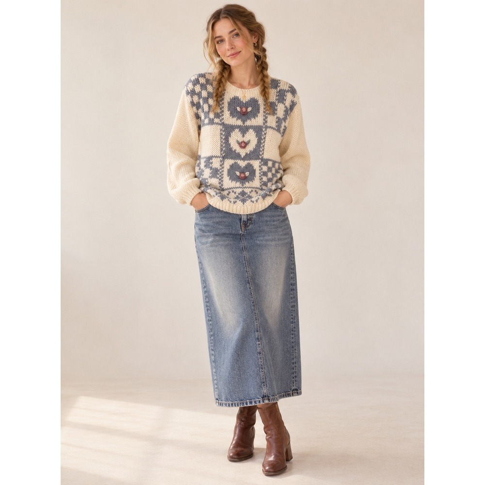 Boho Cottagecore 80s HandKnit Vintage IvoryBlue HeartFloral Patchwork L Sweater